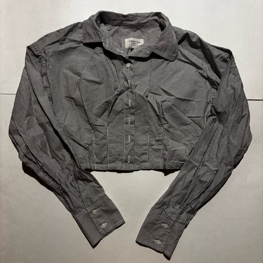 grey and white striped cropped button down shirt from american eagle
